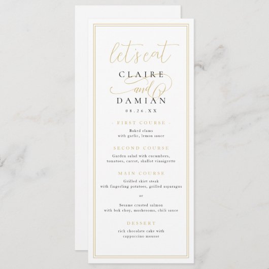 Gold Black Simple Elegance Romantische Script Hoch Menükarte (Vorne/Hinten)