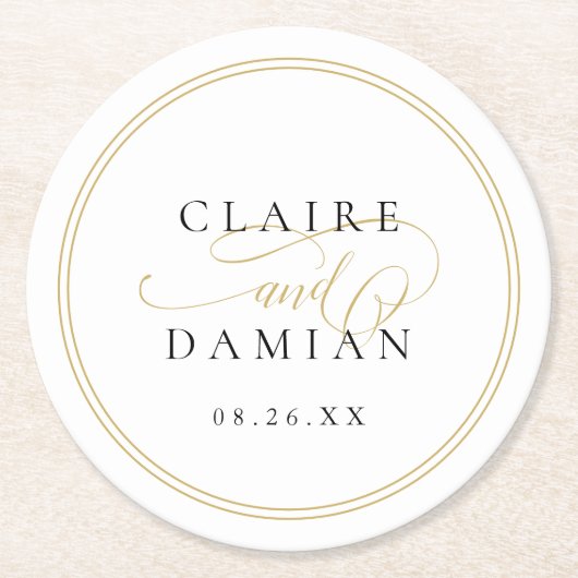 Gold Black Simple Elegance Romantische Script Hoch Runder Pappuntersetzer (Vorderseite)