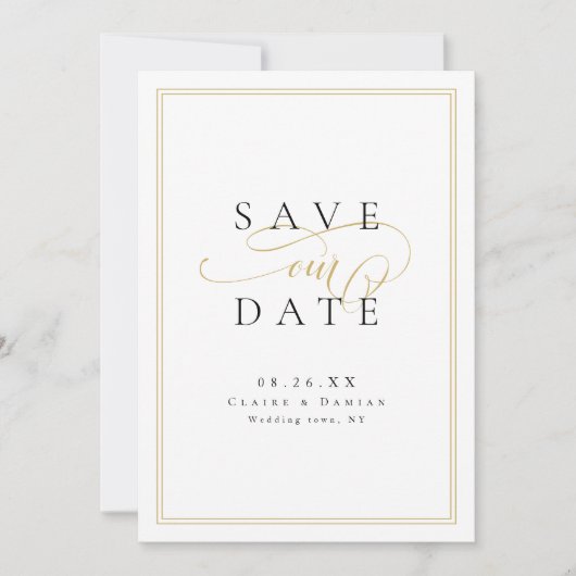 Gold Black Simple Elegance Romantische Script Hoch Save The Date (Vorderseite)