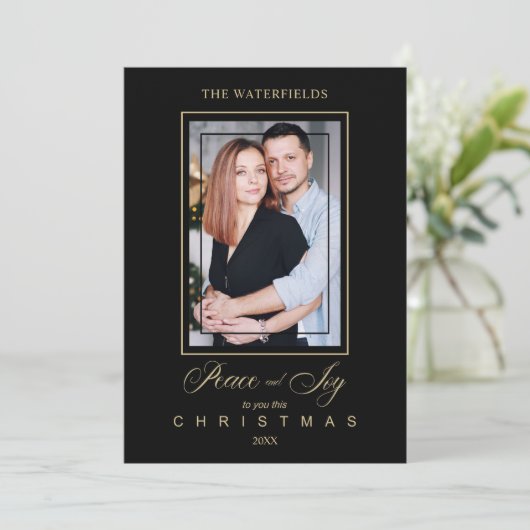 Gold Black Simple Modern Christmas Foto Family (Stehend Vorderseite)