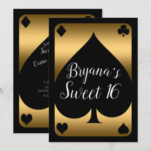 Gold & Black Spade Glam Casino Süße 16 Party Einladung