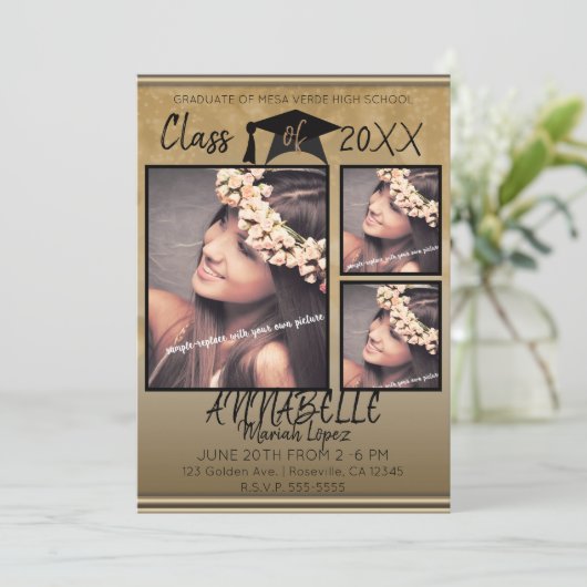 Gold Black Sparkle Abschluss Graduate Party Foto Einladung (Stehend Vorderseite)