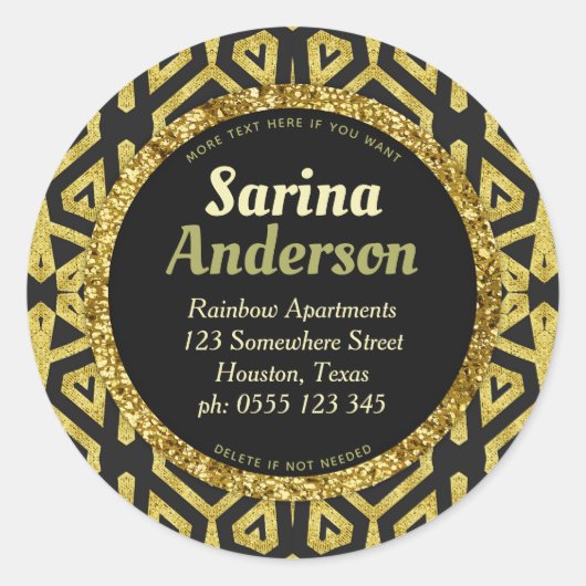 Gold Black Sparkle Bold Pattern Rücksendeadresse Runder Aufkleber (Vorderseite)