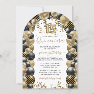 Gold Black Sparkle Foto Quinceanera Balloon Einladung