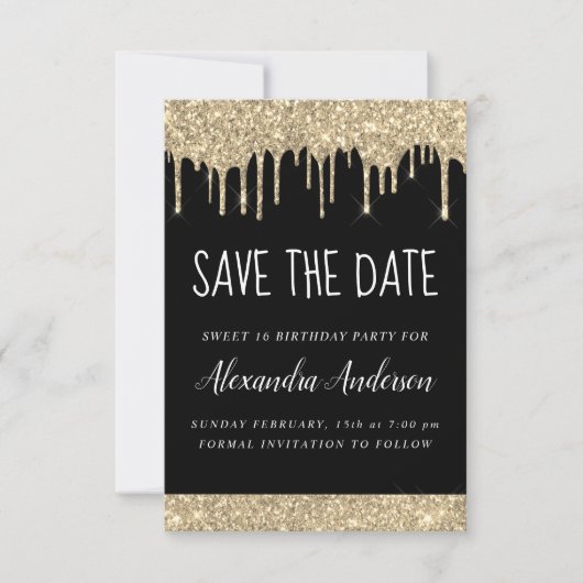 Gold Black Sparkle Glitzer Sweet 16 Save the Date Einladung (Vorderseite)