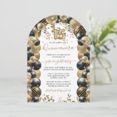 Gold Black Sparkle Quinceanera Ballon Einladung (Stehend Vorderseite)