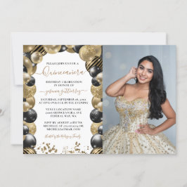Gold Black Sparkle Quinceanera Balloon Foto Einladung