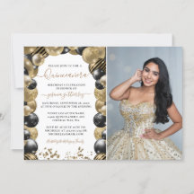 Gold Black Sparkle Quinceanera Balloon Foto Invit