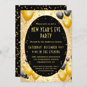 Gold Black Sparkling Stars Silvester Party Einladung