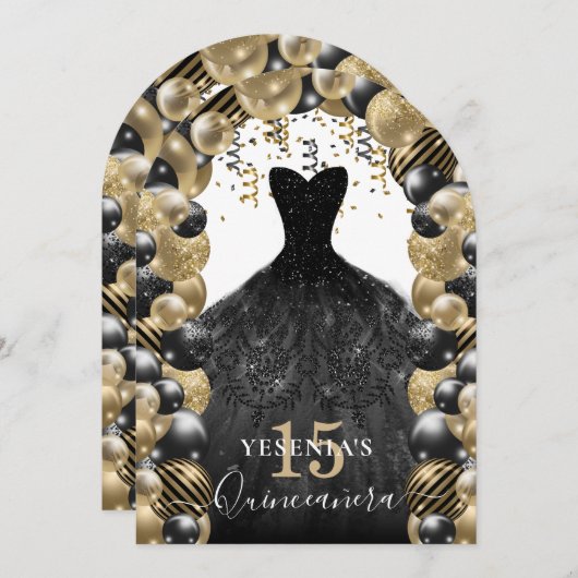 Gold Black Sparkress Quinceanera Ballon Einladung (Vorne/Hinten)