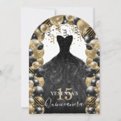 Gold Black Sparkress Quinceanera Ballon Einladung (Vorderseite)