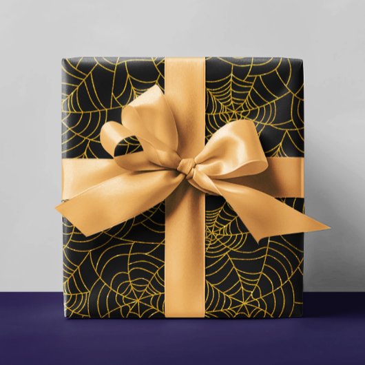 Gold Black Spider Webbing Spiderweb Halloween Geschenkpapier