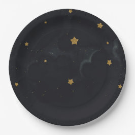 Gold Black Stars Dark Night Sky Baby Dusche Party Pappteller
