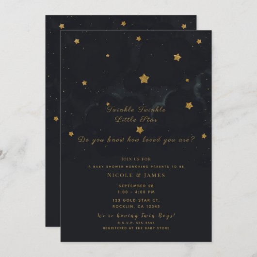 Gold Black Stars Dunkle Nacht Sky Baby Dusche Twin Einladung (Vorne/Hinten)