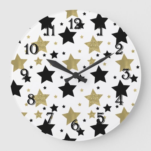 Gold Black Stars Große Wanduhr (Vorderseite)