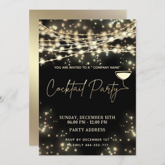 Gold Black String beleuchtet Corporate Cocktail Pa Einladung (Vorne/Hinten)