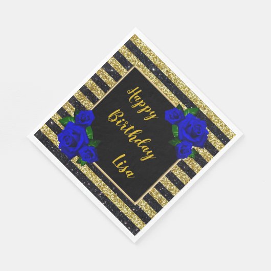 Gold Black Stripes Glitzer Deep Blue Rose Geburtst Serviette (Ecke)