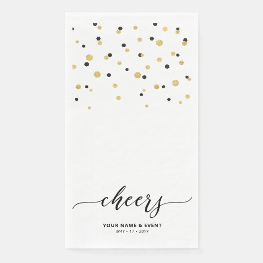 Gold & Black Stylish Script Confetti Cheers Party Serviette (Vorderseite)