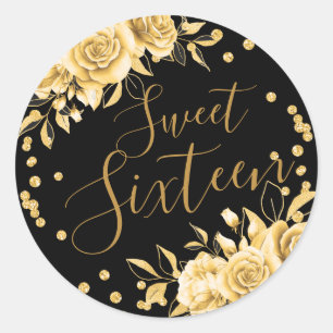 Gold Black Sweet 16 Birthday Floral Glitzer Runder Aufkleber