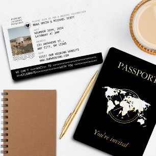Gold & Black Travel Passport Einzigartiges Hochzei Folieneinladung