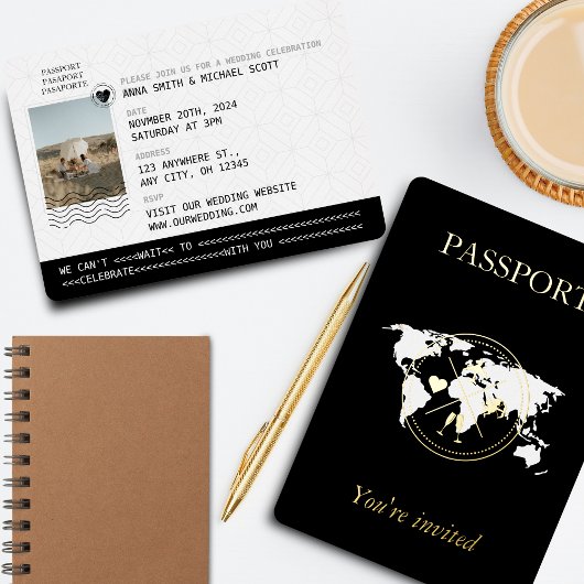 Gold & Black Travel Passport Einzigartiges Hochzei Folieneinladung