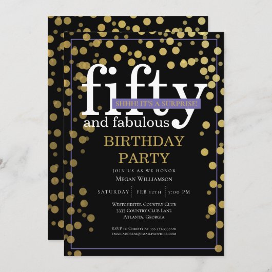 Gold Black Überraschung 50 und fabelhaft Geburtsta Einladung (Vorne/Hinten)