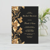 Gold Black Verziert Floral Brautparty Einladung (Stehend Vorderseite)