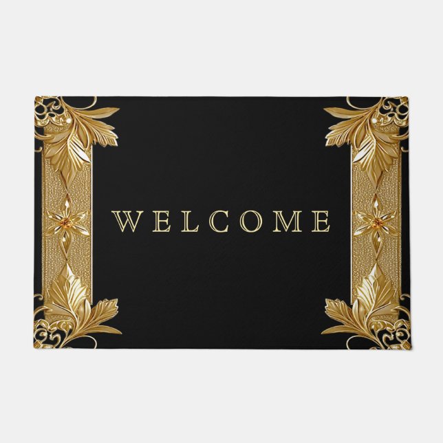 Gold Black Verziert Floral Doormat Fußmatte (Vorderseite)