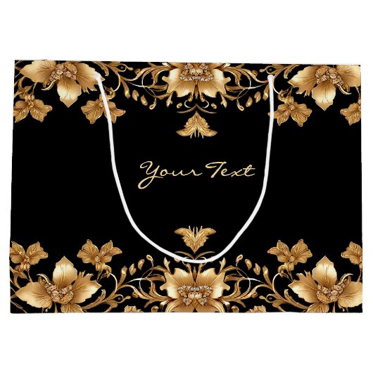 Gold Black Verziert Floral Geschenktasche Große Geschenktüte (Rückseite)
