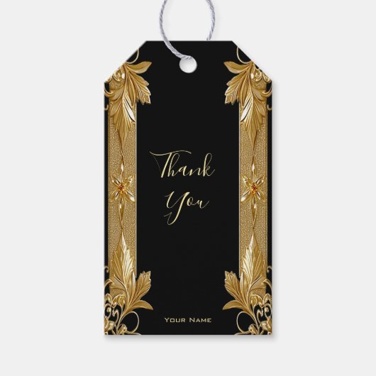 Gold Black Verziert Floral Gift Tag Geschenkanhänger (Vorderseite)