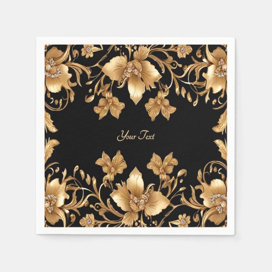 Gold Black Verziert Floral Napkins Serviette (Vorderseite)