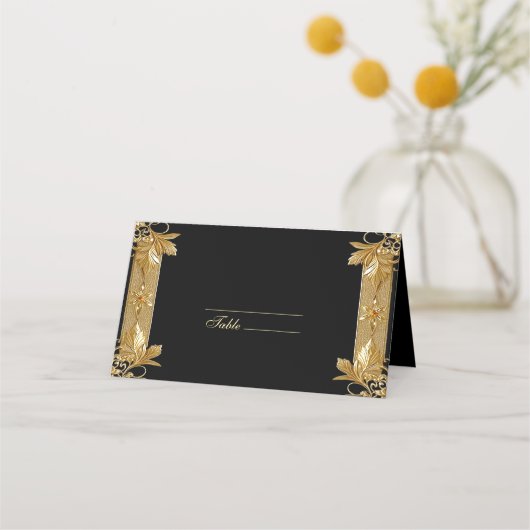Gold Black Verziert Floral Platzkarte (Vorderseite)