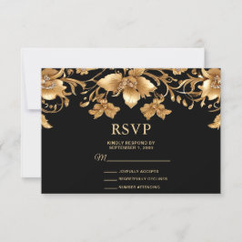Gold Black Verziert Floral RSVP Card