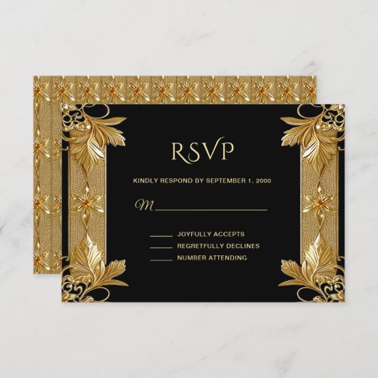 Gold Black Verziert Floral RSVP Card (Vorne/Hinten)