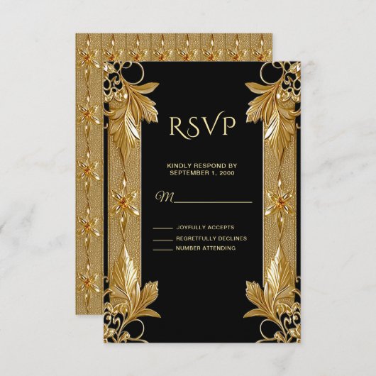 Gold Black Verziert Floral RSVP Card (Vorne/Hinten)