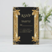 Gold Black Verziert Floral RSVP Card (Stehend Vorderseite)