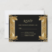 Gold Black Verziert Floral RSVP Card Karte (Vorderseite)