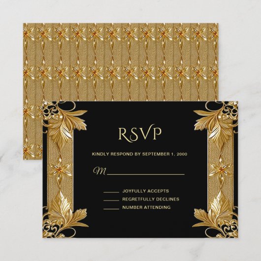 Gold Black Verziert Floral RSVP Card Karte (Vorne/Hinten)