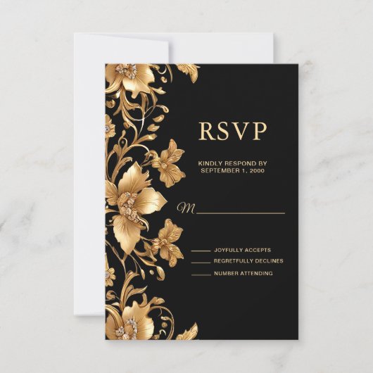 Gold Black Verziert Floral RSVP Card Karte (Vorderseite)