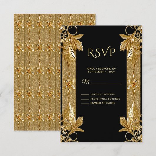 Gold Black Verziert Floral RSVP Card Karte (Vorne/Hinten)