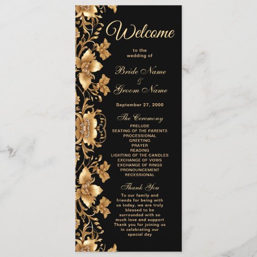 Gold Black Verziert Floral Wedding Program Programm (Vorderseite)