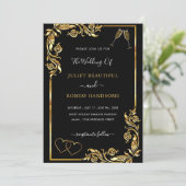 Gold Black Wedding Einladung mit Herz (Stehend Vorderseite)