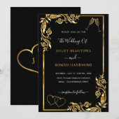 Gold Black Wedding Einladung mit Herz (Vorne/Hinten)