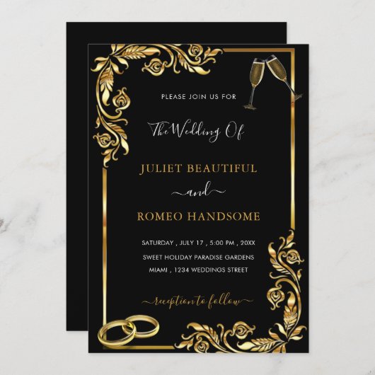 Gold Black Wedding Einladung - Rings & Champagne (Vorne/Hinten)