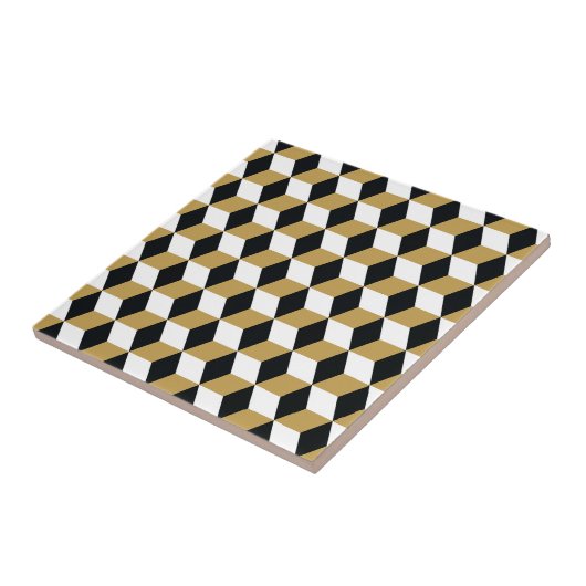 Gold Black & White 3D Cubes Muster Fliese (Seite)