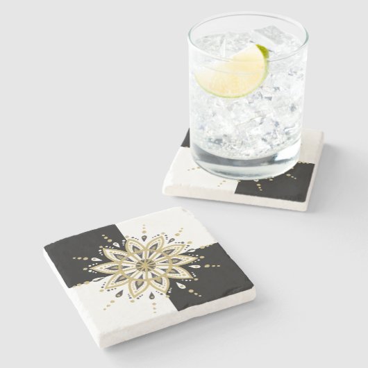 Gold Black & White Circle Mandala Steinuntersetzer (Seitenansicht)