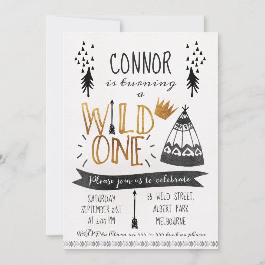 Gold Black Wild One Boys Einladung zum 1. Geburtst (Vorderseite)