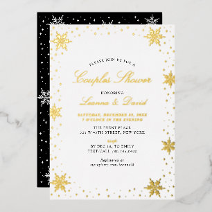 Gold & Black Winter-Schneebrautpaar-Hochzeitsdusch Folieneinladung
