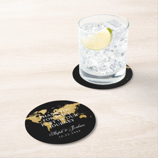 Gold Black World Map Danke Gastgeschenk Hochzeit Runder Pappuntersetzer (Vor Ort)