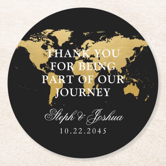 Gold Black World Map Danke Gastgeschenk Hochzeit Runder Pappuntersetzer (Vorderseite)